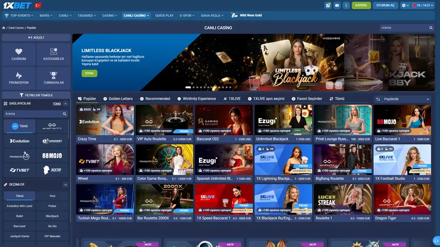1xBet canlı casino lobisi, rulet ve blackjack masaları