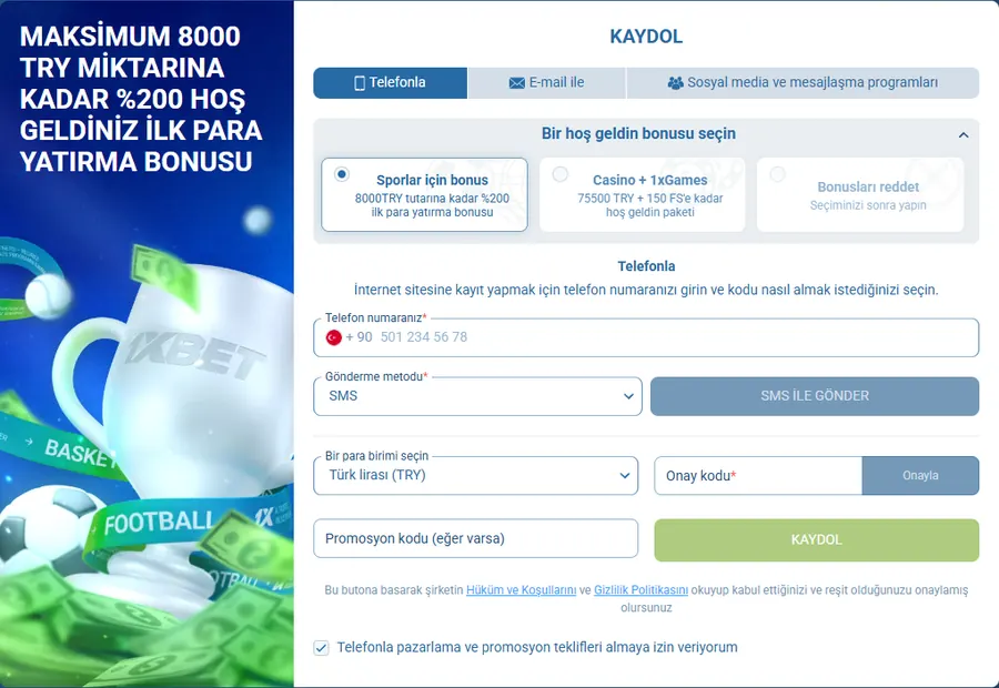 1xBet kayıt formu, telefonla üyelik ve hoş geldin bonusu seçimi