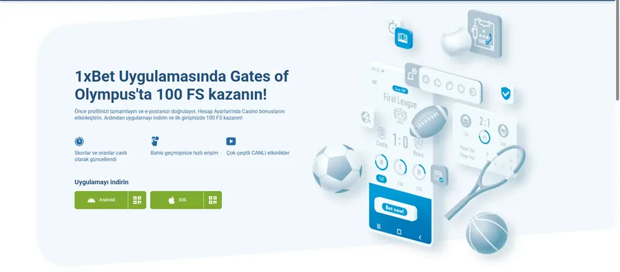 1xBet mobil uygulama sayfası, Android ve iOS indirme butonları